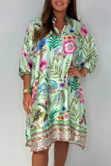 Loose V-Neck Half-Button Front Floral Dress