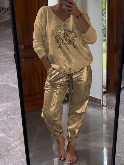 🌷LAST DAY SALE 49% OFF💝Devil's Eye Gold Foil Top and Sequin Pants Set💝BUY 2 GET FREE SHIPPING