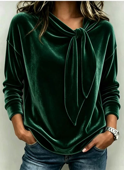 Fall Women Velvet Bow Tie Neck Long Sleeve Top