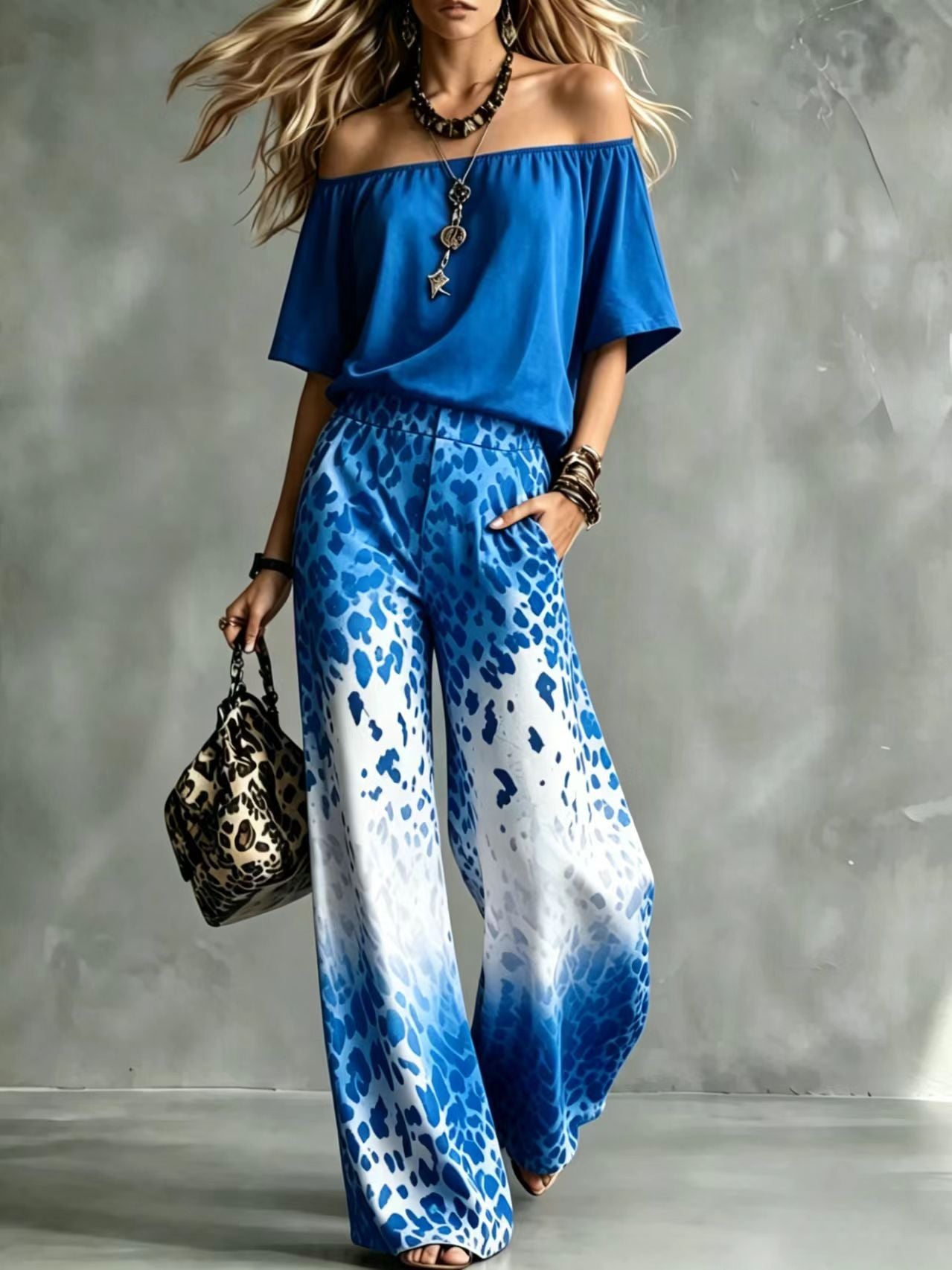 Scoop-Neck Off-the-Shoulder Top + Leopard-Print Ombré Wide-Leg Pants Set