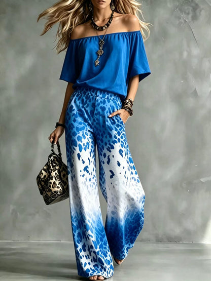 Scoop-Neck Off-the-Shoulder Top + Leopard-Print Ombré Wide-Leg Pants Set