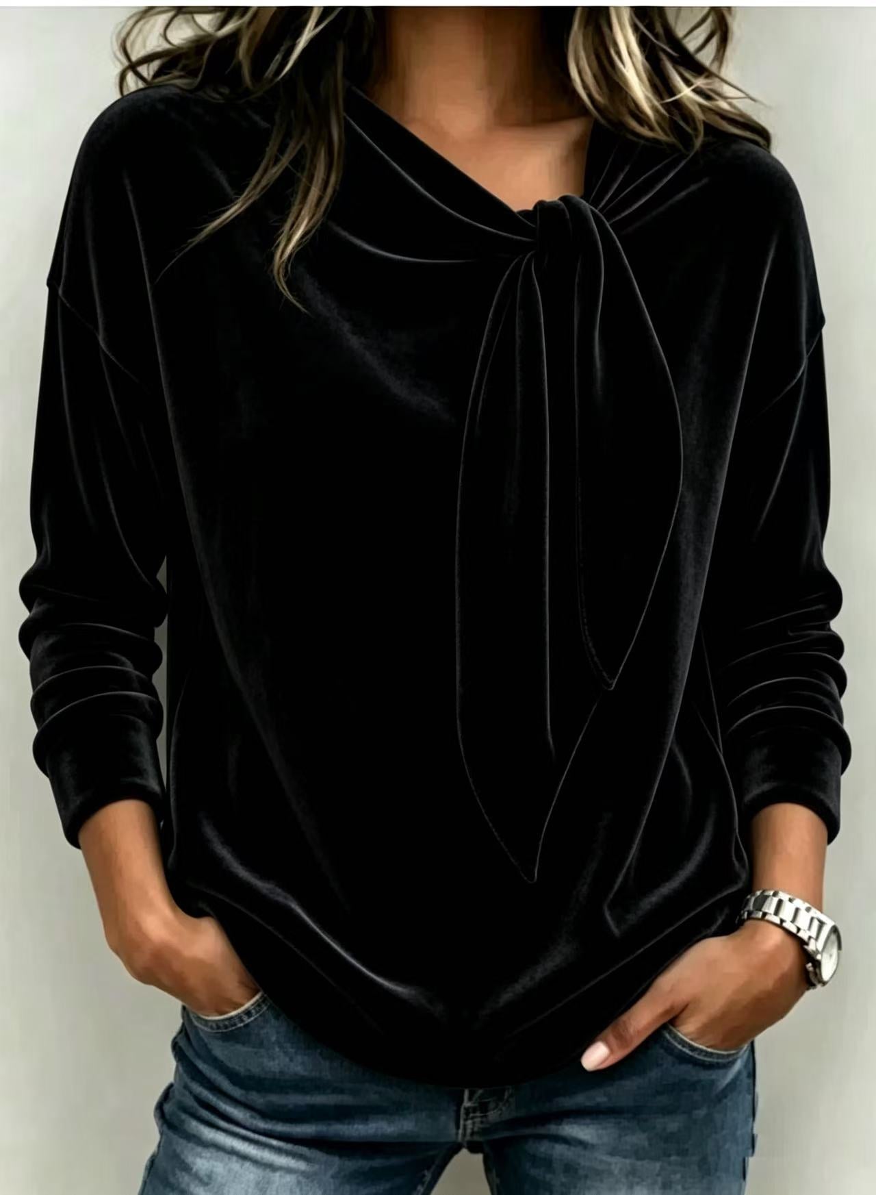 Fall Women Velvet Bow Tie Neck Long Sleeve Top