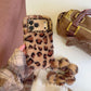 Leopard-print plush phone case (with stand + matching plush wrist strap)