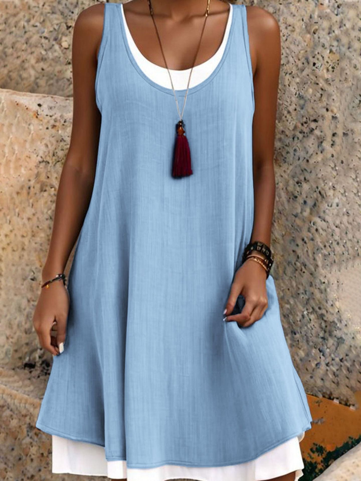 ⏰Summer Hot Sale 50% OFF💃Women's Casual Loose Sleeveless Fake Two Piece Tank Dress
