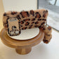 Leopard-print plush phone case (with stand + matching plush wrist strap)
