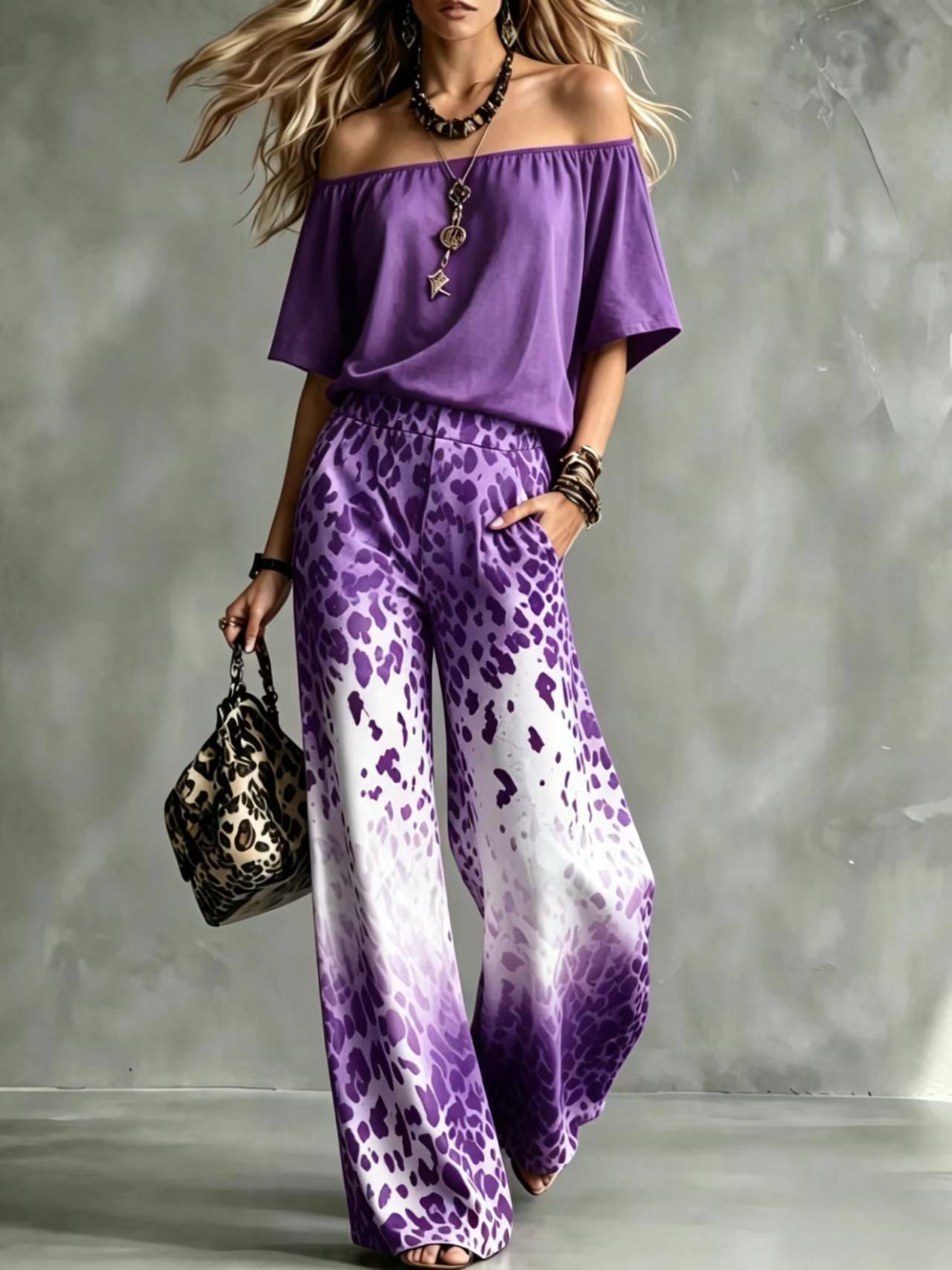 Scoop-Neck Off-the-Shoulder Top + Leopard-Print Ombré Wide-Leg Pants Set