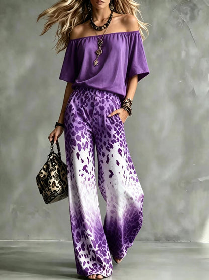 Scoop-Neck Off-the-Shoulder Top + Leopard-Print Ombré Wide-Leg Pants Set