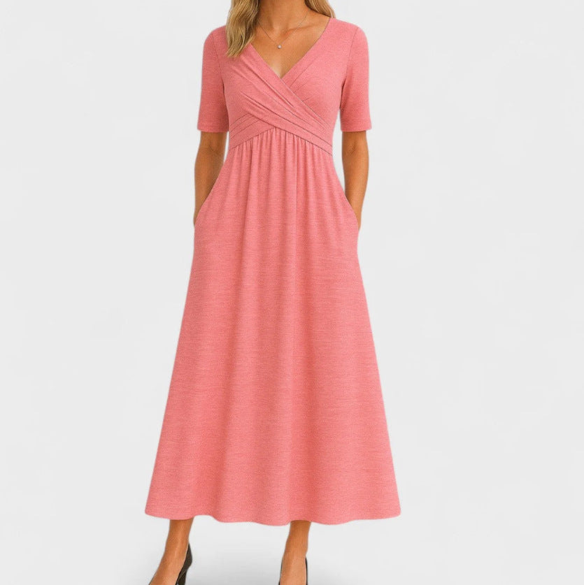 Women's Half Sleeve V-Neck Ruched Midi Dress