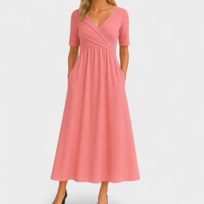 Women's Half Sleeve V-Neck Ruched Midi Dress