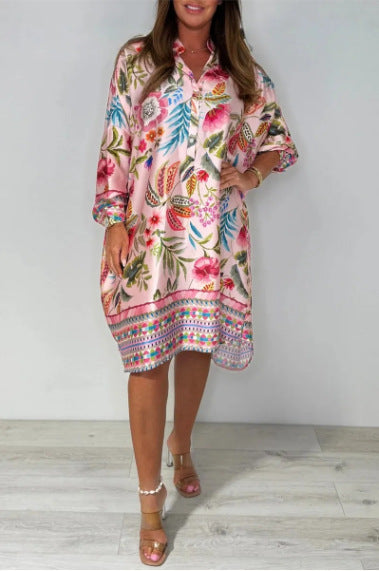 Loose V-Neck Half-Button Front Floral Dress