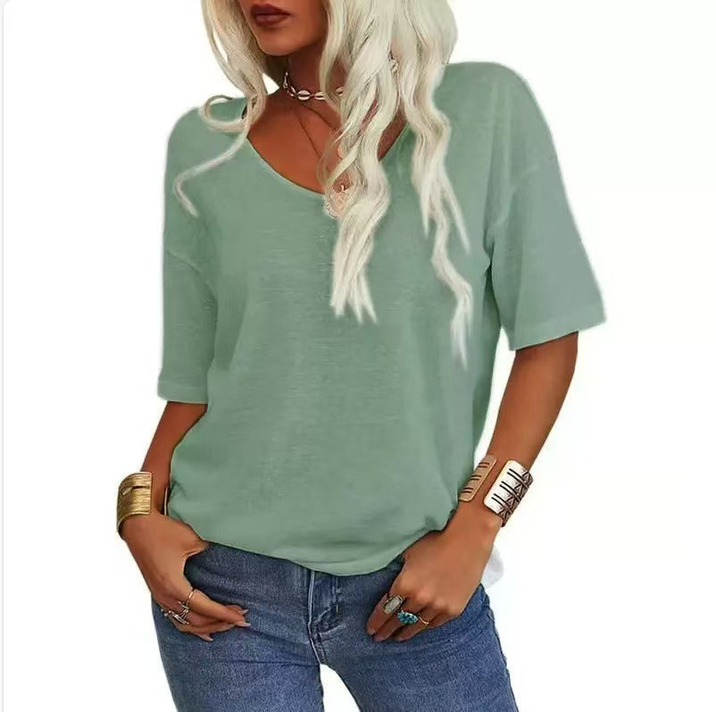 🎀Hot Sale -40% Off👚Women's Solid Color V-Neck T-shirt