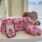 Leopard-print plush phone case (with stand + matching plush wrist strap)