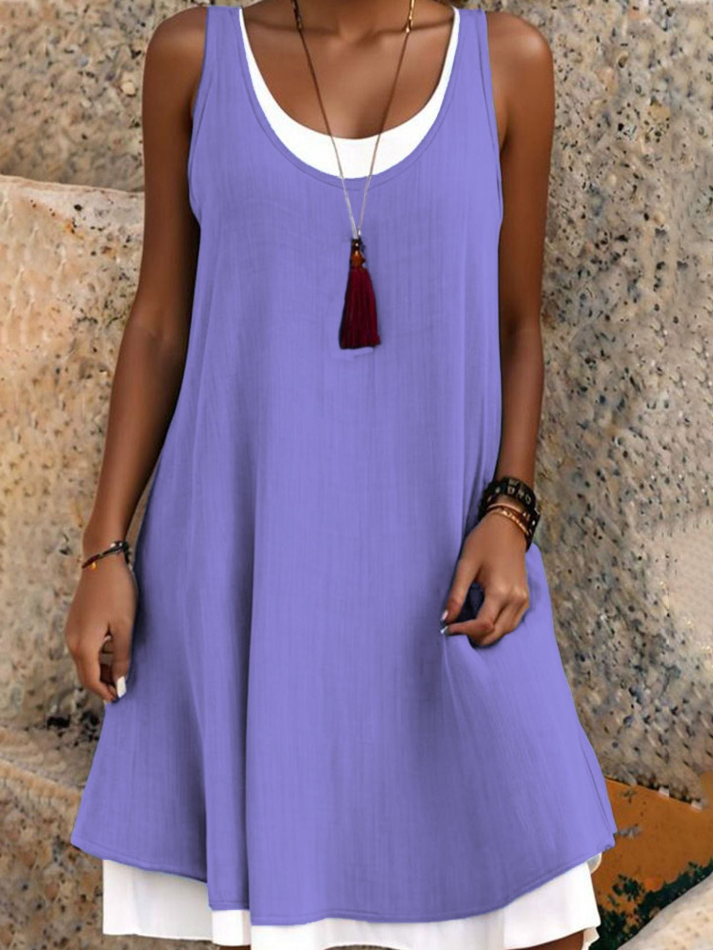 ⏰Summer Hot Sale 50% OFF💃Women's Casual Loose Sleeveless Fake Two Piece Tank Dress