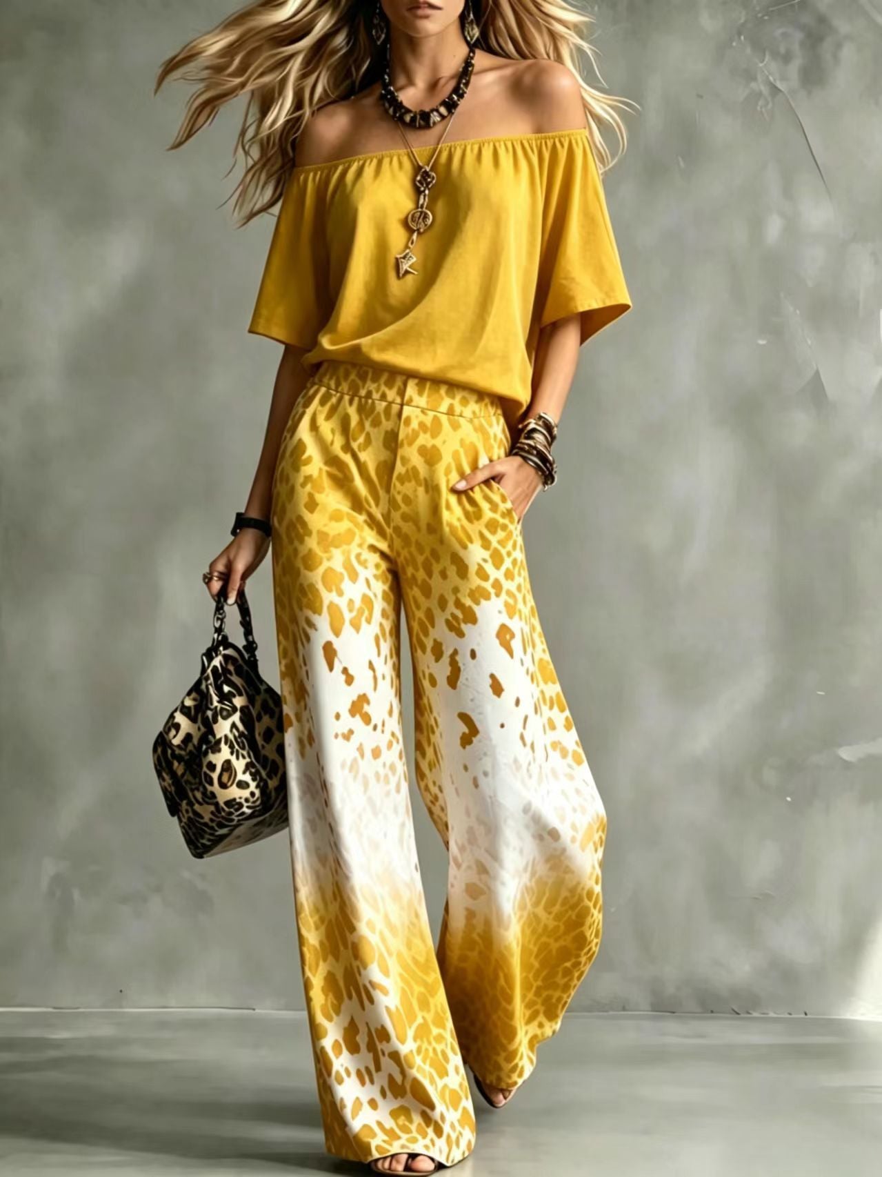 Scoop-Neck Off-the-Shoulder Top + Leopard-Print Ombré Wide-Leg Pants Set