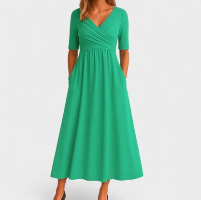 Women's Half Sleeve V-Neck Ruched Midi Dress