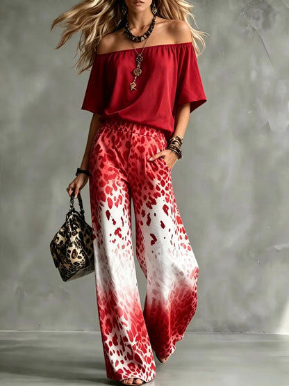 Scoop-Neck Off-the-Shoulder Top + Leopard-Print Ombré Wide-Leg Pants Set
