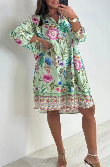 Loose V-Neck Half-Button Front Floral Dress