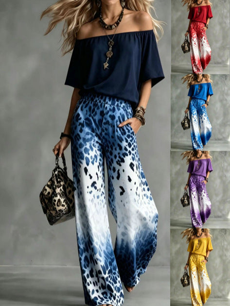 Scoop-Neck Off-the-Shoulder Top + Leopard-Print Ombré Wide-Leg Pants Set