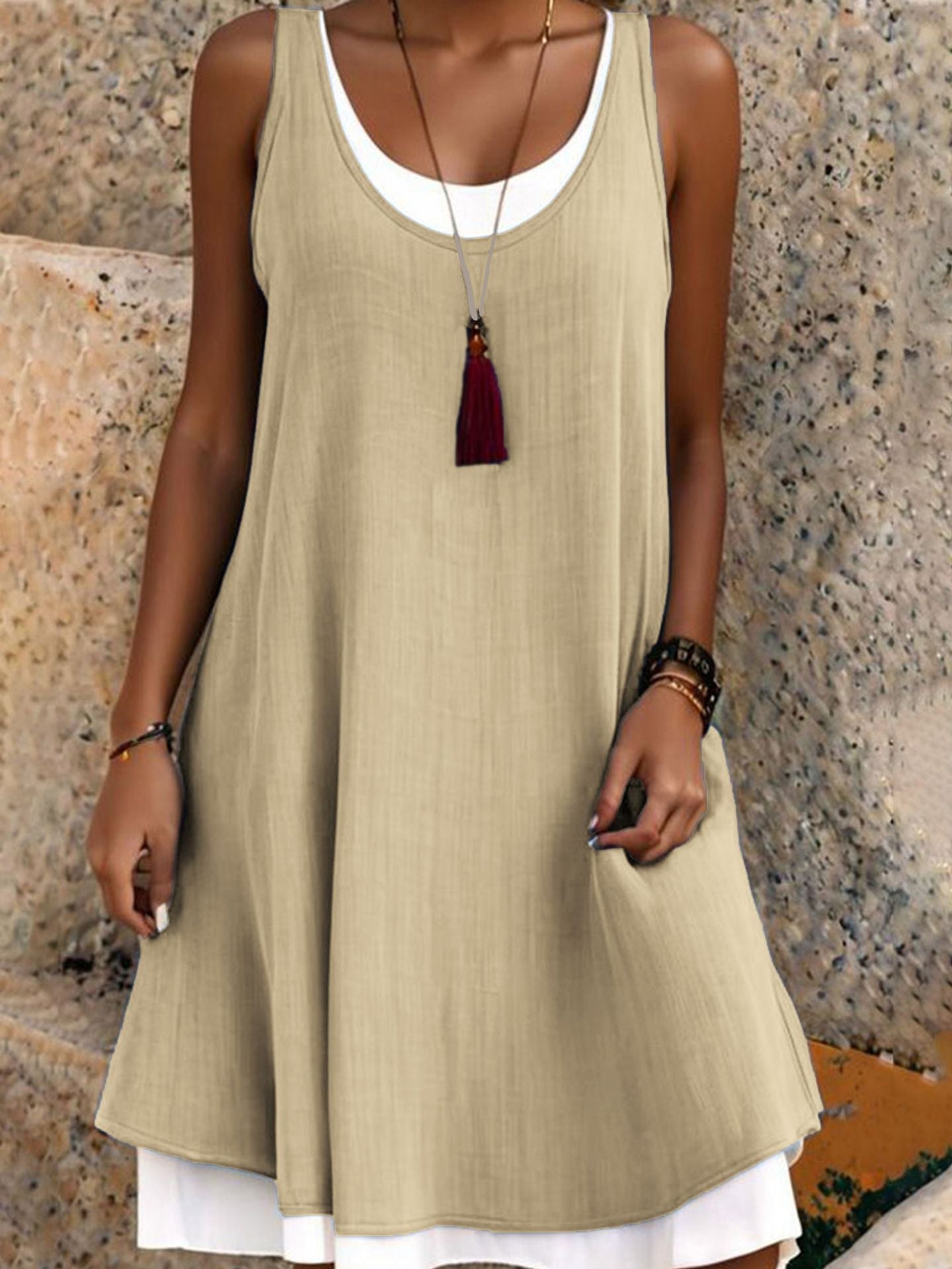 ⏰Summer Hot Sale 50% OFF💃Women's Casual Loose Sleeveless Fake Two Piece Tank Dress