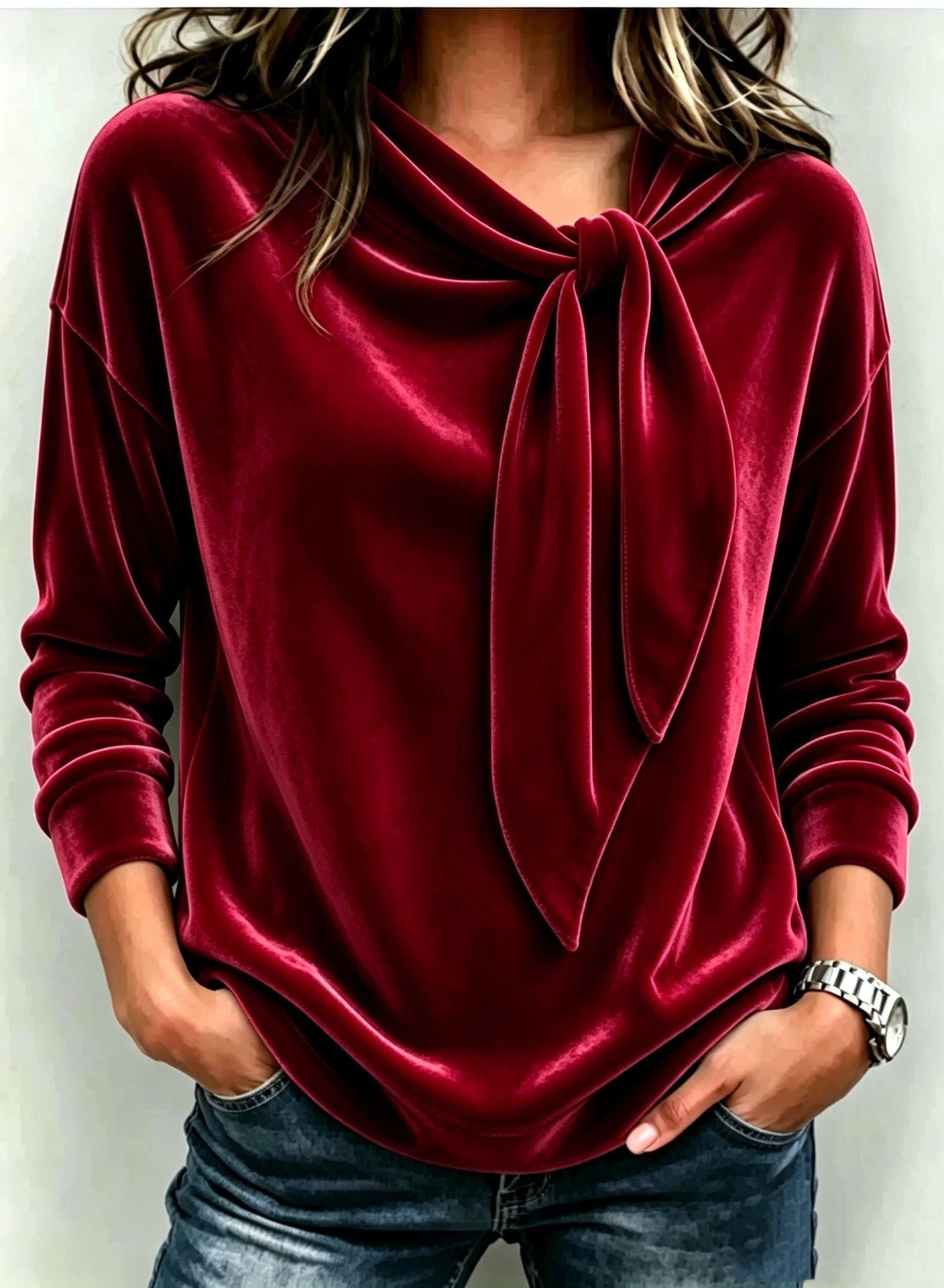 Fall Women Velvet Bow Tie Neck Long Sleeve Top