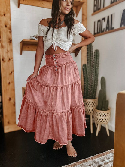 👗 Denim Maxi Skirt – High Waist, Tiered, A-Line, Button Front ✨