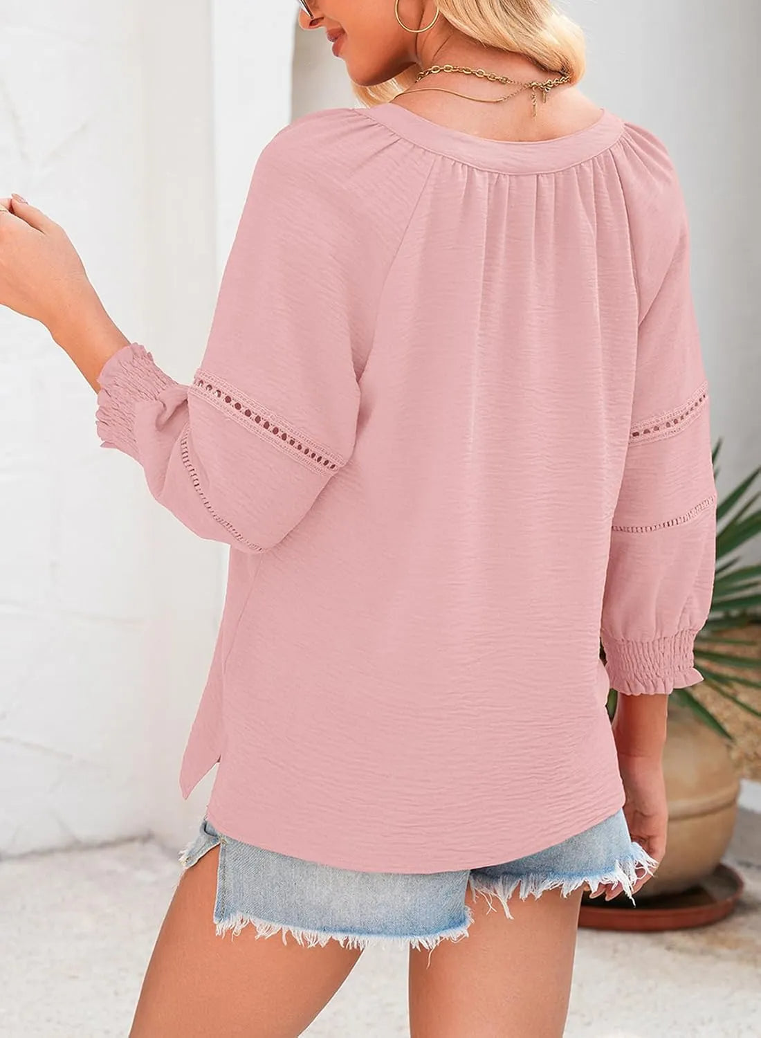 💥Last Day Special Sale 49% OFF👚Womens 3/4 Lantern Sleeve Casual V-Neck T-Shirts Pleated Loose Hollow-Out Blouse