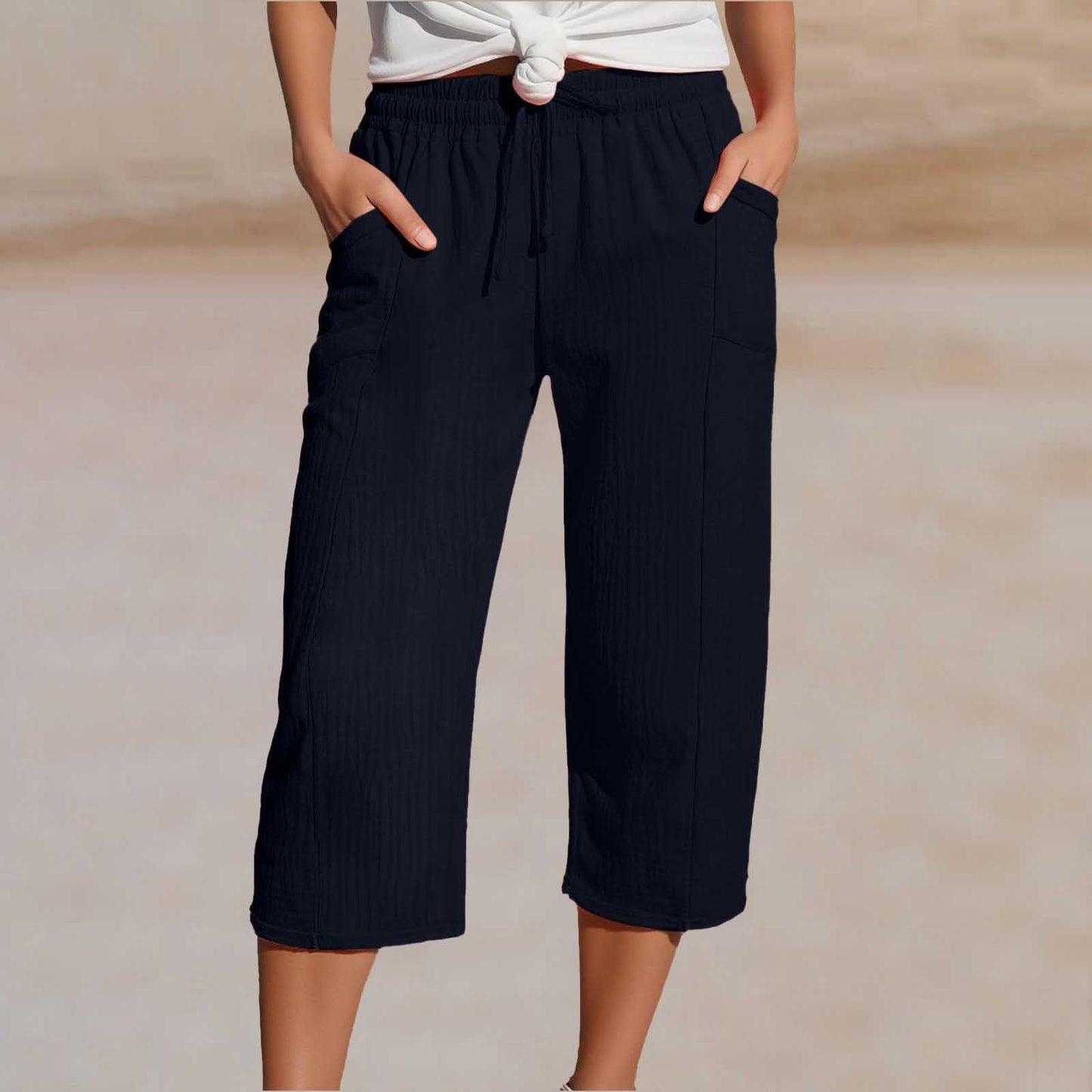 Women's Solid-Color Pleated Cotton-Linen Cropped Pants