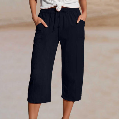 Women's Solid-Color Pleated Cotton-Linen Cropped Pants