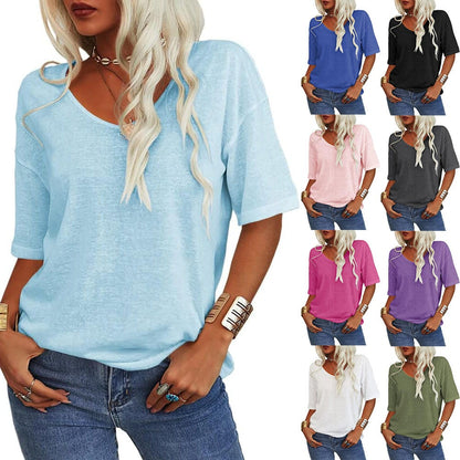 🎀Hot Sale -40% Off👚Women's Solid Color V-Neck T-shirt