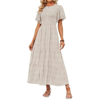 ⏰Hot Sale 49% Off👗Women's Casual Floral Print Short Flutter Sleeve Smocked High Waist Flowy Maxi Dress