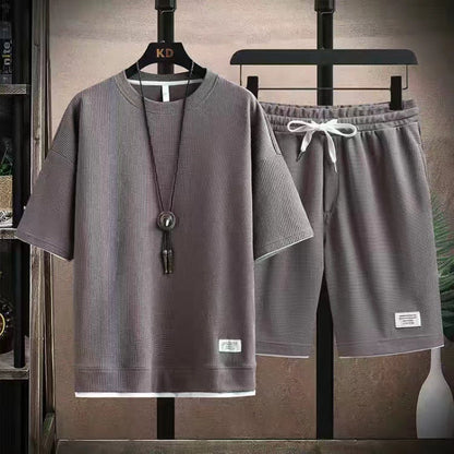 🌀 LIMITED-TIME 49% OFF! 🧺 Waffle Fabric Short Sleeve 2-Piece Set – Breathable, Loose Fit & Side Pockets 👕