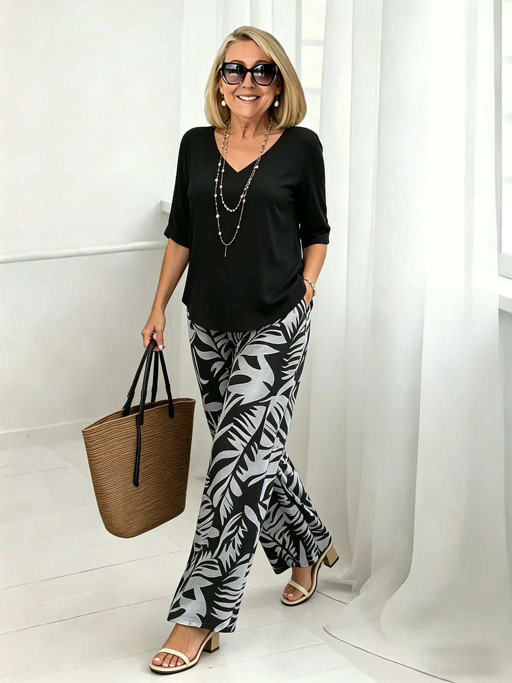 Women's V-Neck Blouse & Printed Wide-Leg Pants Set