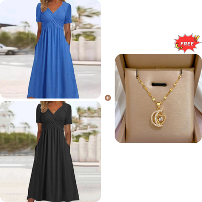 🍀LAST DAY SALE 50% OFF🍀Women’s V-Neck Short Sleeve Long Dresses