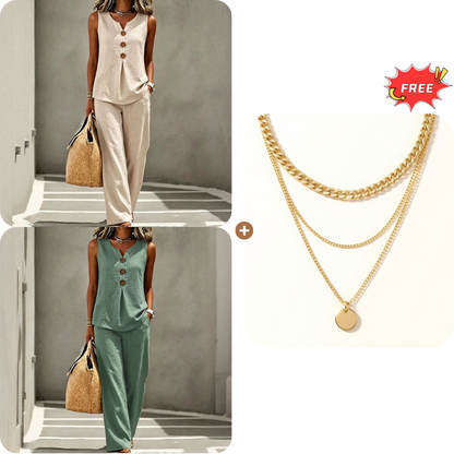 Women's Sleeveless Button Top and Loose Pants Set