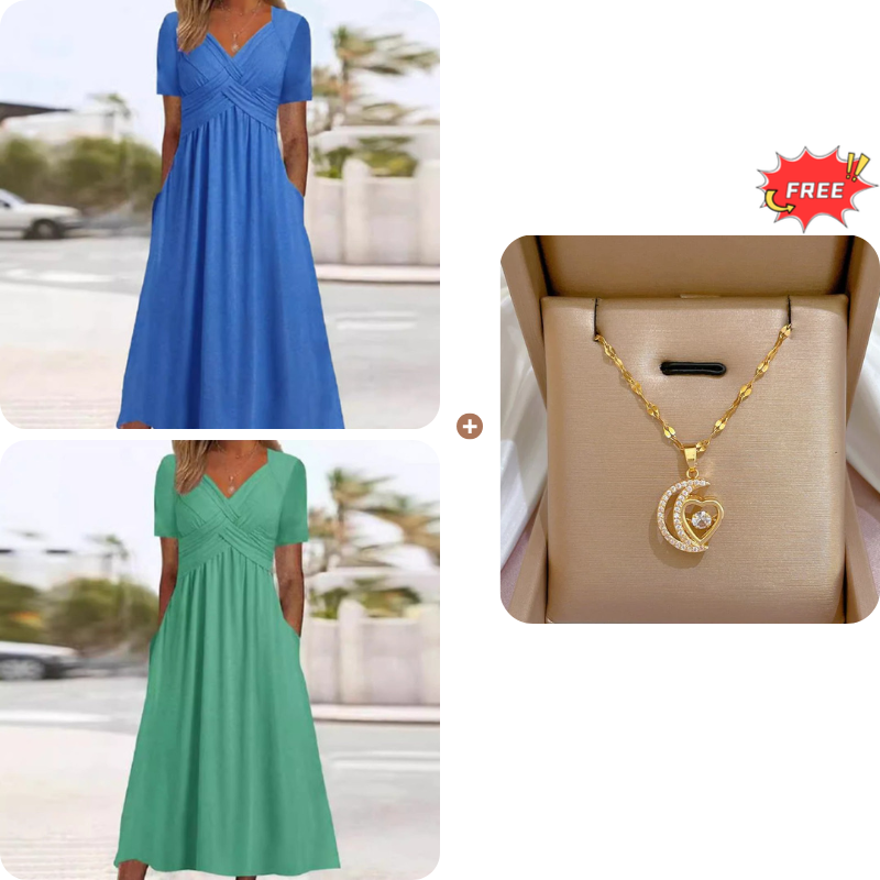 🍀LAST DAY SALE 50% OFF🍀Women’s V-Neck Short Sleeve Long Dresses