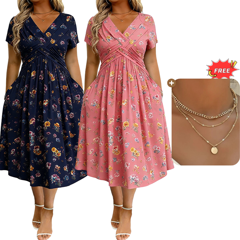 Women's V-Neck Floral Print Dress with Twist Waist