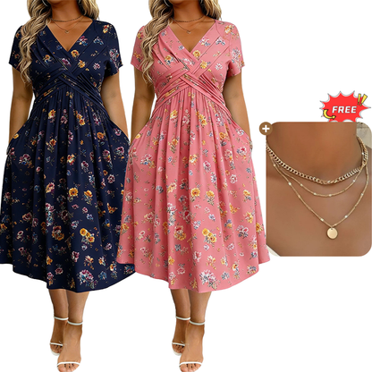 Women's V-Neck Floral Print Dress with Twist Waist