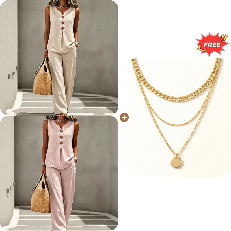 Women's Sleeveless Button Top and Loose Pants Set
