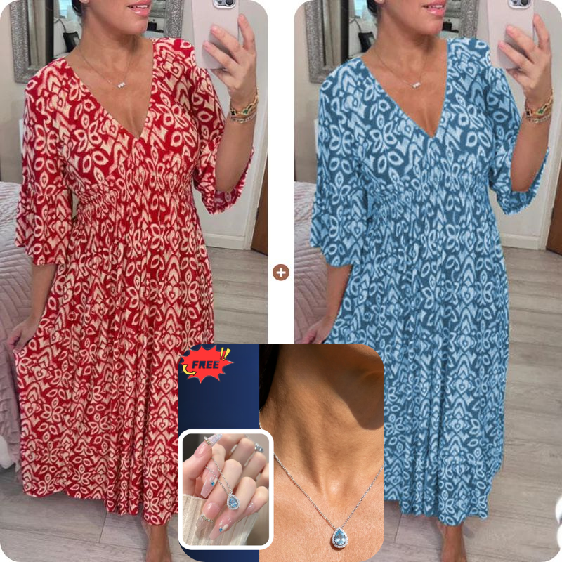 💖LAST DAY SALE 50% OFF💖Bohemian casual print V-neck waist wrap long dress