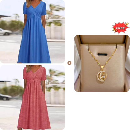 🍀LAST DAY SALE 50% OFF🍀Women’s V-Neck Short Sleeve Long Dresses