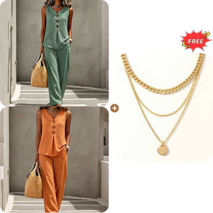 Women's Sleeveless Button Top and Loose Pants Set