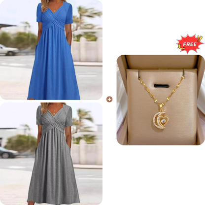 🍀LAST DAY SALE 50% OFF🍀Women’s V-Neck Short Sleeve Long Dresses