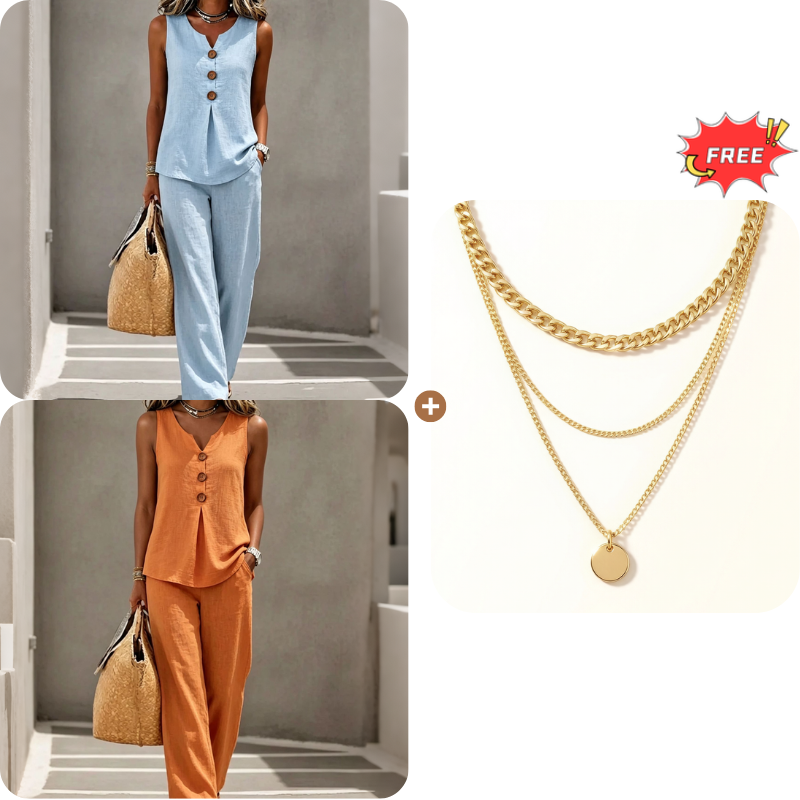 Women's Sleeveless Button Top and Loose Pants Set