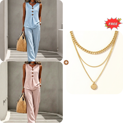 Women's Sleeveless Button Top and Loose Pants Set