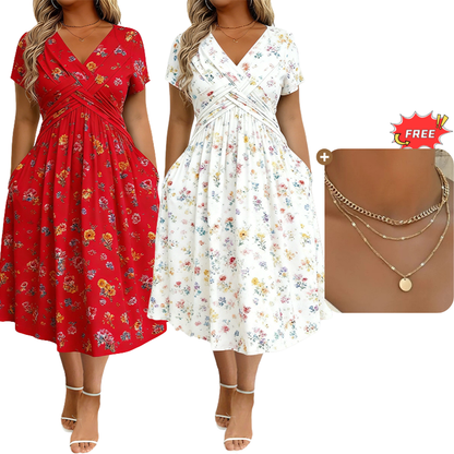 Women's V-Neck Floral Print Dress with Twist Waist