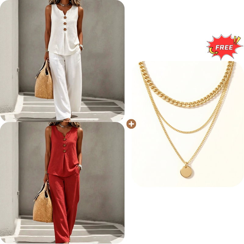 Women's Sleeveless Button Top and Loose Pants Set