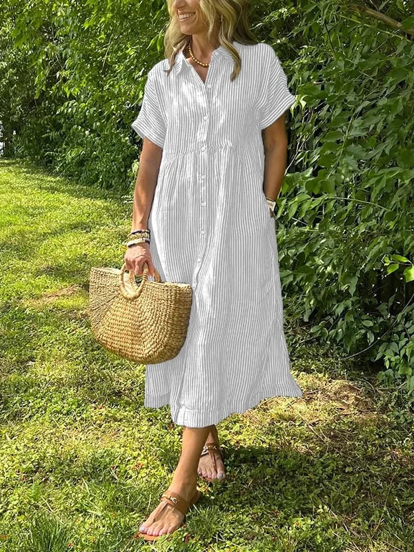 🎁New arrival 50% OFF💥Striped Lapel Button Down Shirt Dress | With Functional Pockets