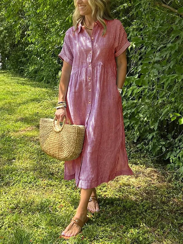 🎁New arrival 50% OFF💥Striped Lapel Button Down Shirt Dress | With Functional Pockets