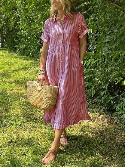 🎁New arrival 50% OFF💥Striped Lapel Button Down Shirt Dress | With Functional Pockets