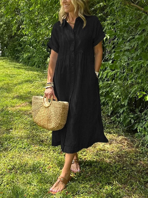 🎁New arrival 50% OFF💥Striped Lapel Button Down Shirt Dress | With Functional Pockets